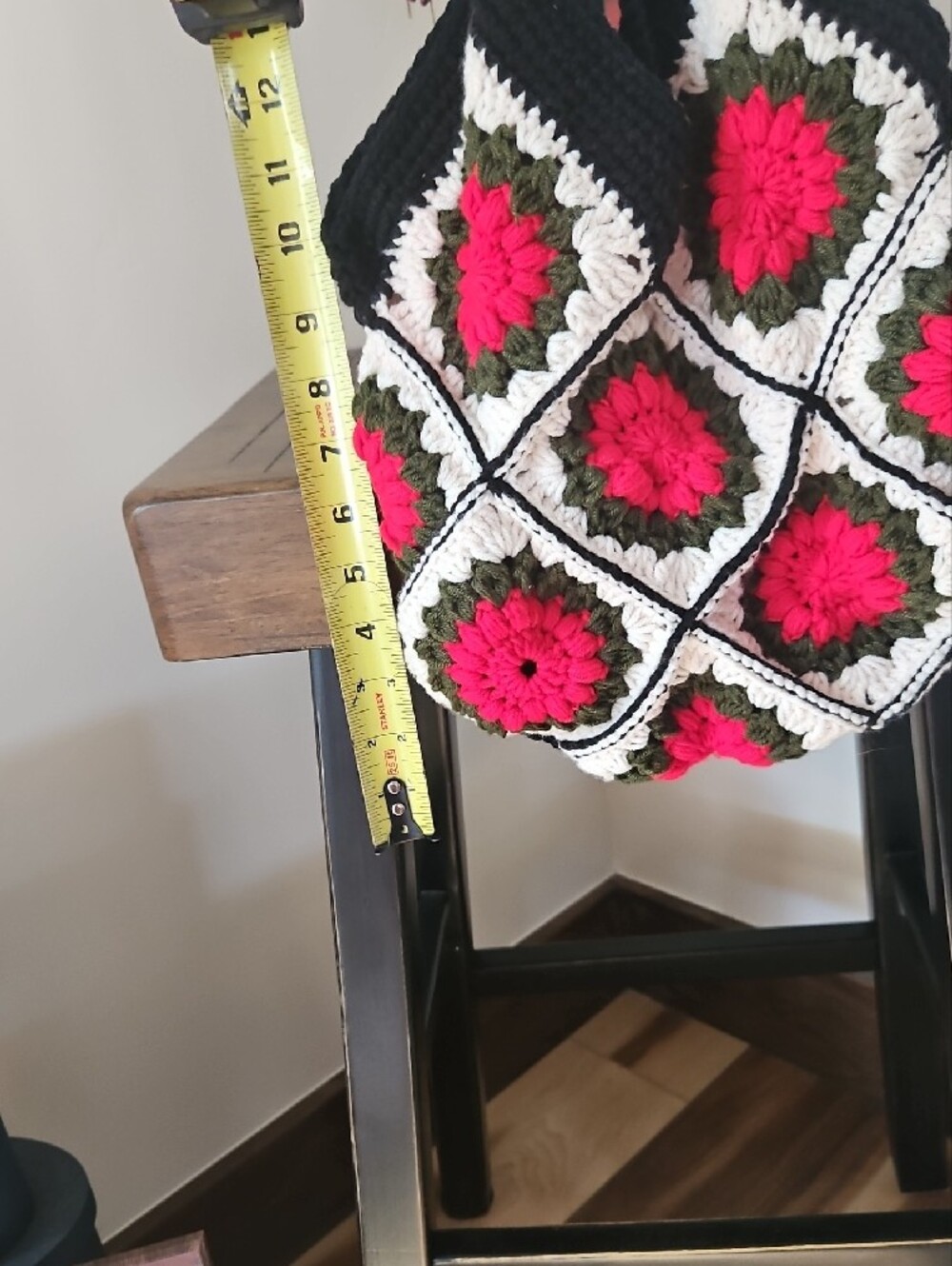 Handmade By Me Crochet Tote Bag in Black, White & Red Floral Squares - Picture 4 of 4